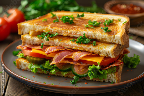 Sandwich with beef, cheese, and vegetables on a wooden background
