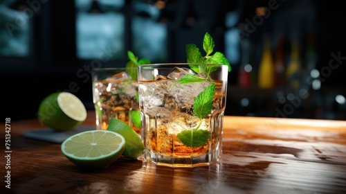 On a rustic wooden surface lies iced tea enhanced with lime and mint. photo