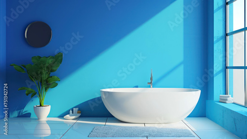 Modern bathroom with blue walls  tiled floor  white bathtub and round mirror.