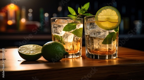 Iced tea with a hint of lime and mint, presented on a rustic wooden background. photo