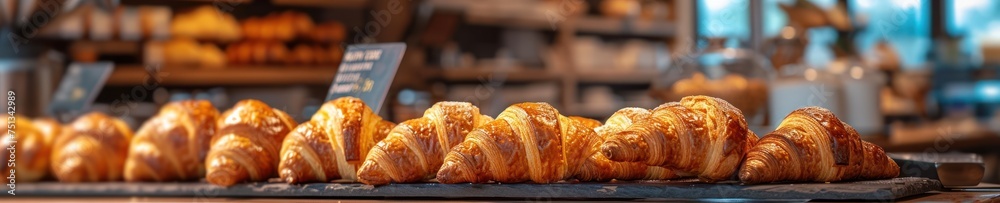 Scrumptious and flaky croissants exude warmth on a counter, evoking cozy cafe mornings Scrumptious and flaky croissants exude warmth on a counter, evoking cozy cafe mornings