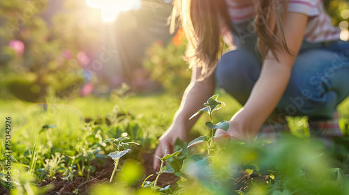 Close up of hands of little girl holding seedling in sunny garden - AI Generated