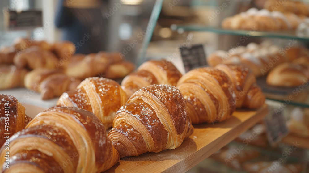 Bakery showcase brimming with golden croissants, capturing the essence of a French boulangerie