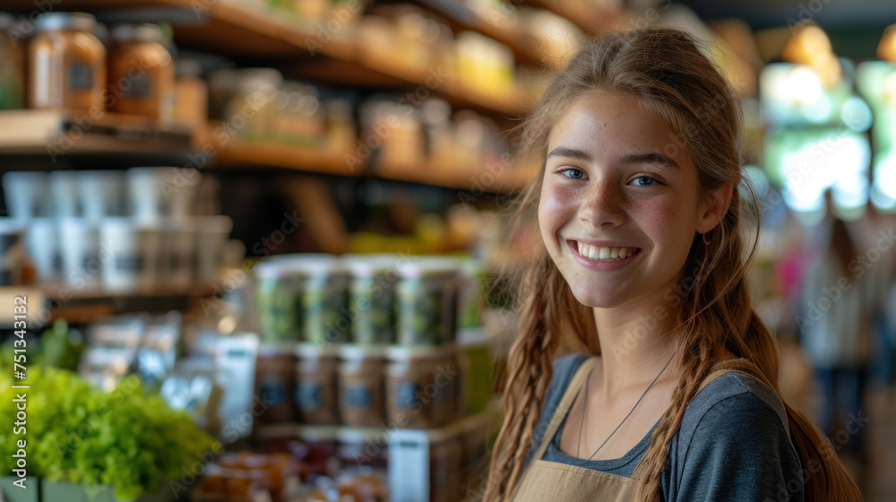 Joyful teenager in an organic store, representing freshness and a healthy modern lifestyle