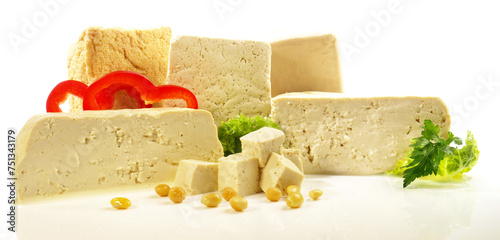 Various Tofu Panorama with Salad and Soy Beans isolated  on white Background