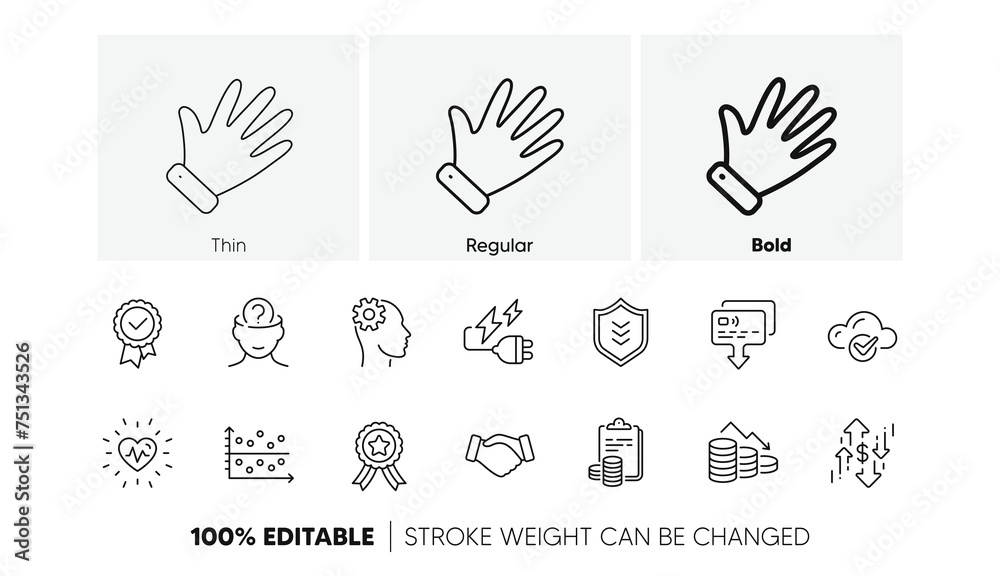 Card, Winner ribbon and Heartbeat line icons. Pack of Dot plot, Shield, Engineering icon. Hand, Dollar rate, Money loss pictogram. Accounting, Electricity plug, Handshake. Psychology. Vector