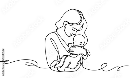Vector image of a mother with a child in her arms, in a linear style.