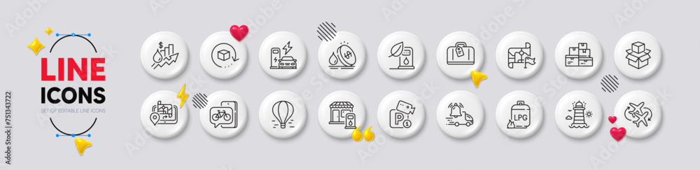 Packing boxes, Return package and Lighthouse line icons. White buttons 3d icons. Pack of Charging station, Fuel price, Connecting flight icon. Destination flag, Air balloon, Gps pictogram. Vector
