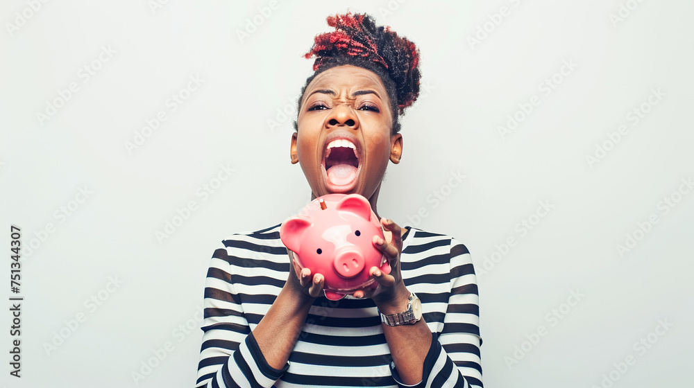 A jubilant dark-skinned woman with curly hair joyfully presents a piggy bank, playfully depicting financial windfall or savings success