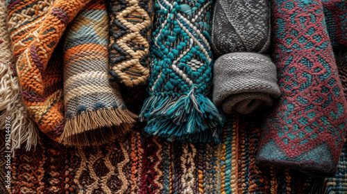 Close-up of variously textured textile throw blankets neatly stacked, showcasing a spectrum of warm colors and intricate weaves, with a focus on cozy home decor photo