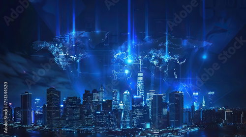 world illuminated in blue lights and city at night - AI Generated