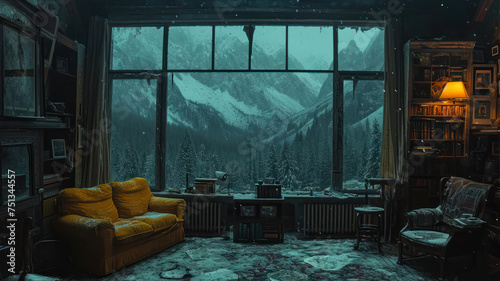 Fantasy interior of an old house in the mountains.