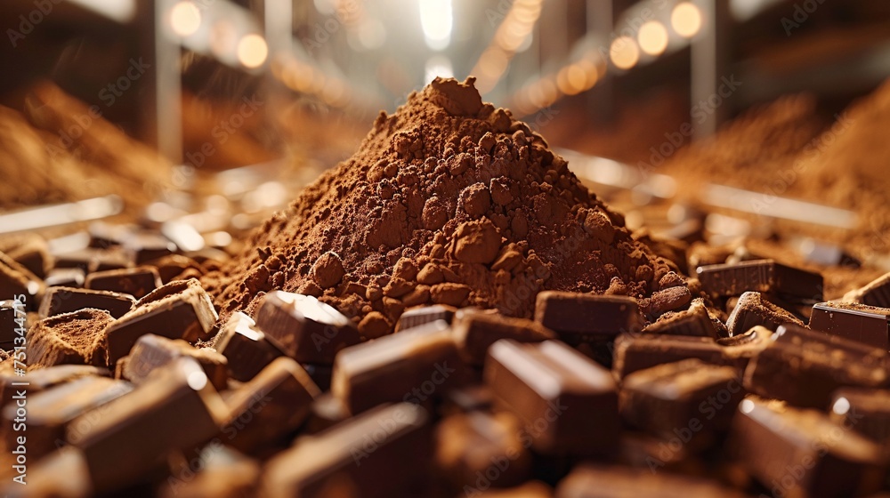 Close-up of a space cocoa powder processing plant, cinematic