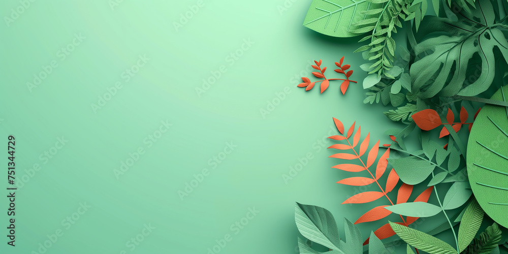 Green blue floral background with plant leaves and flowers. Concept: copy space image for health care, clinic, beauty saloon, pharmaceutical and woman related website.