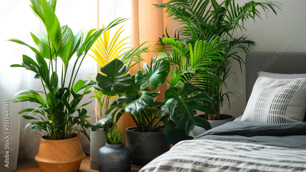 Comfortable bed with green houseplants and pillows in room