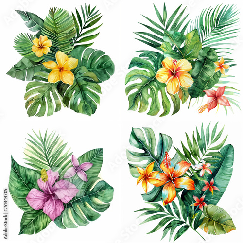 Watercolor frame made of unusual colorful tropical leaves. Jungle concept for design of invitations, greeting cards and wallpapers.