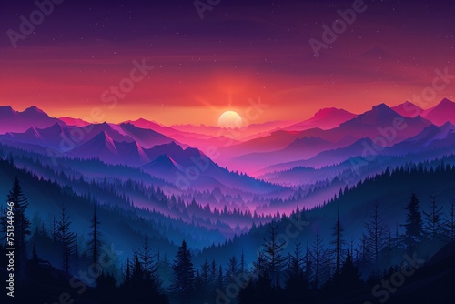 a landscape of mountains with trees and a sunset