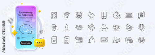 Washing machine, Add photo and Checked file line icons for web app. Phone mockup gradient screen. Pack of Chemical hazard, Search, Bacteria pictogram icons. Vector