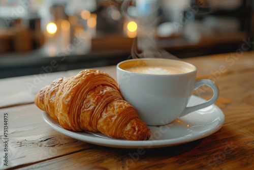 A golden croissant on a plate paired with a heart-shaped coffee  the perfect start to a morning