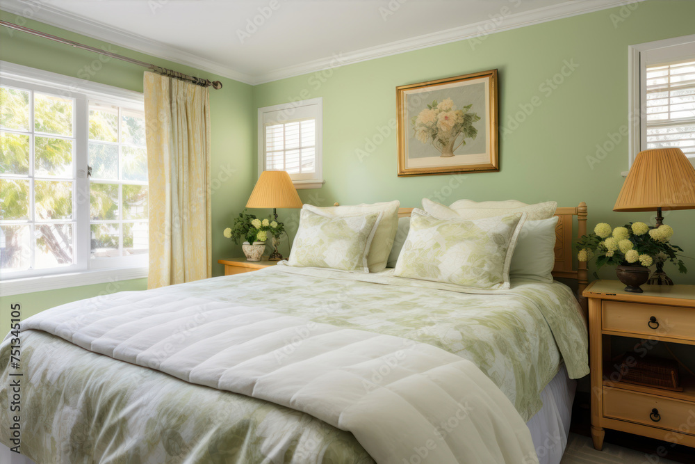 Luxury bedroom interior in green tones.