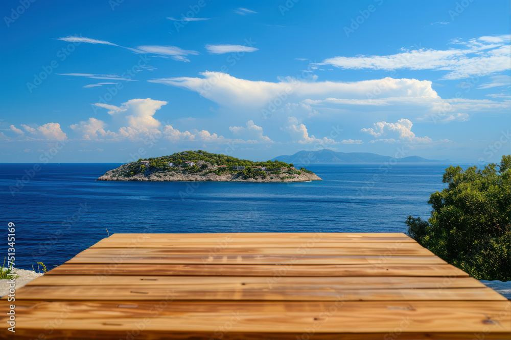 Wooden table top on the background of the sea and blue sky