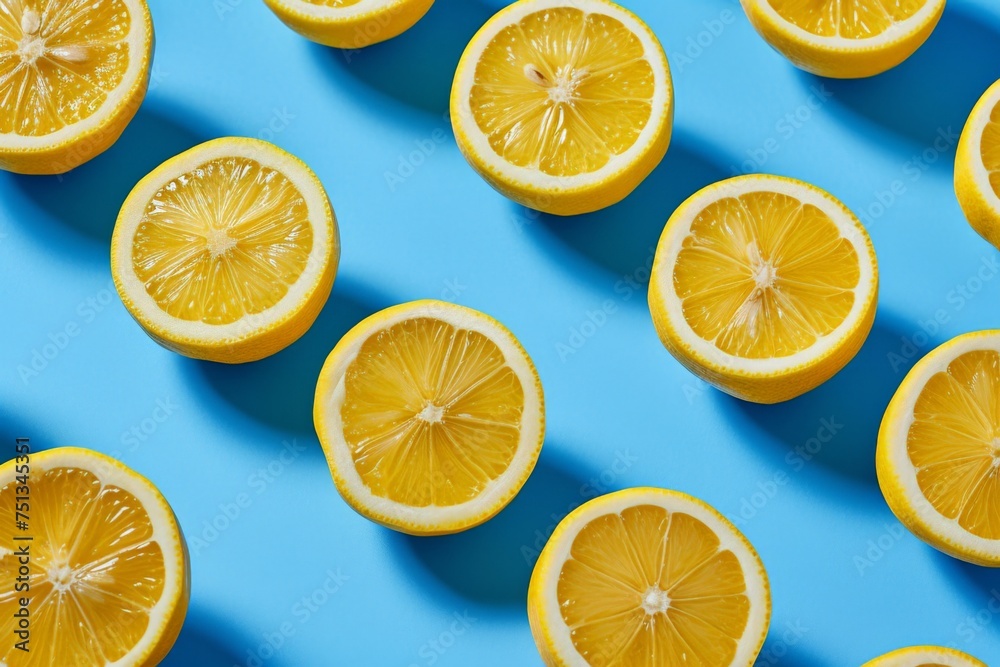 Freshly Cut Lemons on Vibrant Blue Background, Top View Flat Lay Photography of Sliced Citrus Fruits Freshly Cut Lemons on Vibrant Blue Background, Top View Flat Lay Photography of Sliced Citrus Fruits