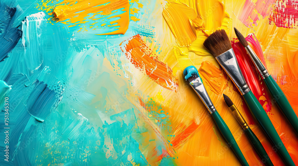 Fototapeta premium used brushes on canvas of colorful oil paint - AI Generated