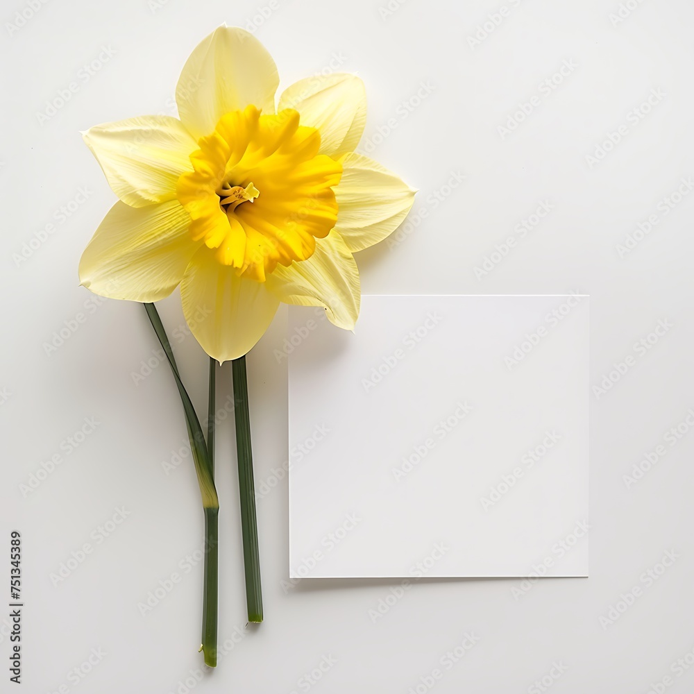 Obraz premium top view of white empty card with yellow narcissus flower on white background. Generative Ai