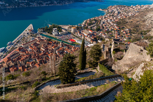 Coastal view on a sunny winter day on the Bay of Kotor, Montenegro