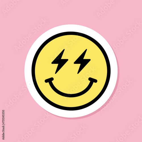 lightning eyes emoji sticker, yellow face with lightning bolt eyes, black outline, cute sticker on pink background, groovy aesthetic, vector design element photo