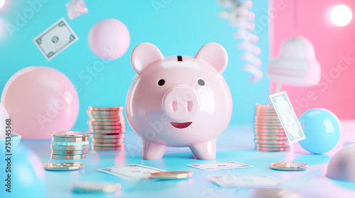 A cheerful pink piggy bank surrounded by floating money, coins and colorful balloons depicting financial goals and pink dreams