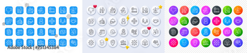 Boat fishing, Video conference and Vaccination announcement line icons. Square, Gradient, Pin 3d buttons. AI, QA and map pin icons. Pack of Woman, Health skin, Online chemistry icon. Vector