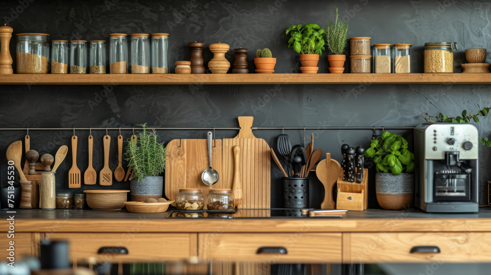 A neatly organized kitchen shelf with an array of wooden utensils, glass jars, and fresh herbs, exhibiting a modern rustic charm