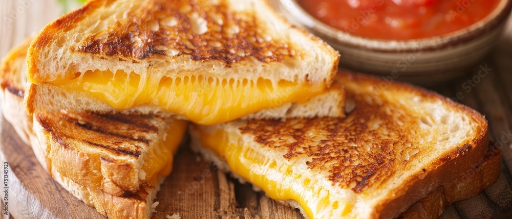 Close-up of grilled cheese sandwich with melting cheese, beside a bowl of tomato soup on a wooden board. Close-up of grilled cheese sandwich with melting cheese, beside a bowl of tomato soup on a wooden board.