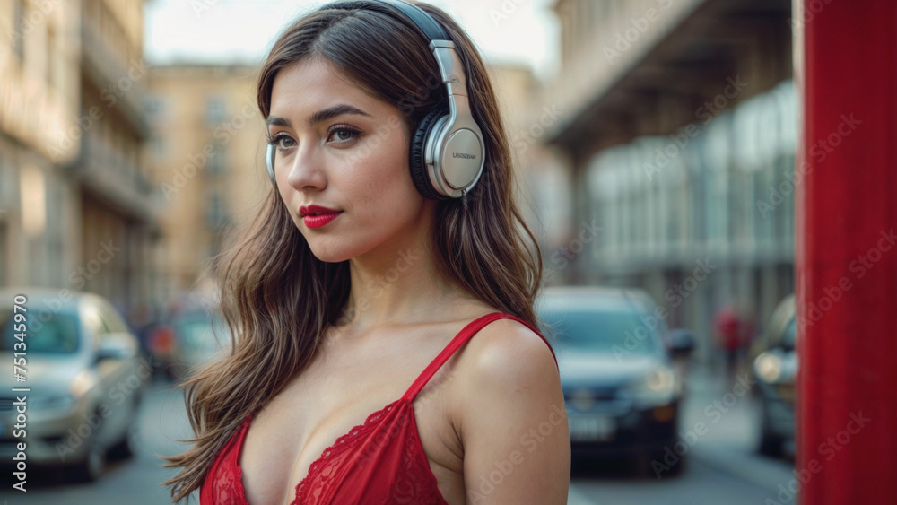 American teen girl wearing headphones