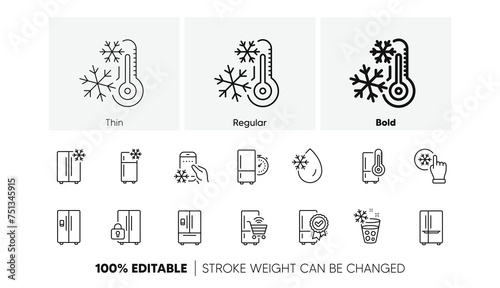 Freezer storage, refrigerator, smart fridge machine. Fridge line icons set. Water with ice, cooler box, thermometer icons. Wi-fi remote access, thermostat timer, smart freezer. Line icons set. Vector