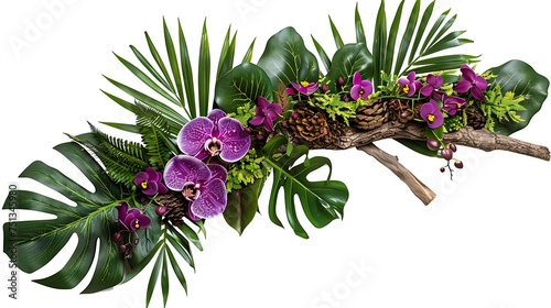 Tropical vibes plant bush floral arrangement with tropical leaves Monstera and fern and Vanda orchids tropical flower decor on tree branch liana vine plant isolated on white background. Generative Ai