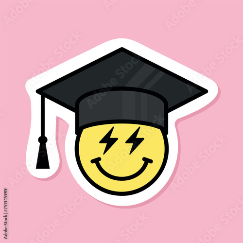 smiling face with lightning bolt eyes wearing graduation hat sticker, yellow symbol with black outline, vector design element