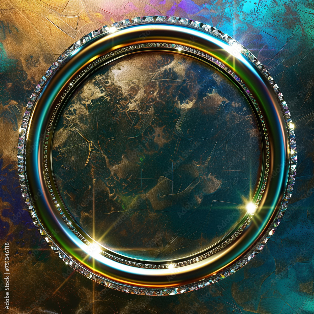 Round frame from gold, elegant and rich with a mysterious universe inside, set against an abstract textured gold background