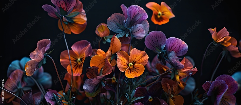 A cluster of purple and orange flowers, identified as Mesmerizing Macro Violas, stand out vividly against a solid black background. The contrasting colors create a visually striking image. A cluster of purple and orange flowers, identified as Mesmerizing Macro Violas, stand out vividly against a solid black background. The contrasting colors create a visually striking image.