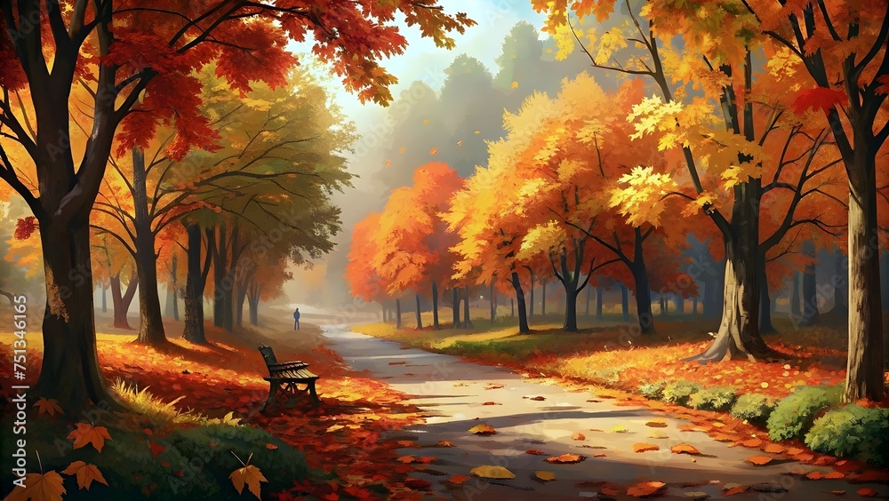 Autumn Park Scenery with Fallen Leaves and Walking Person