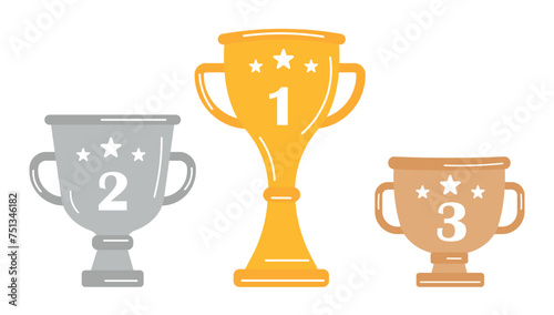 Gold, silver and bronze awards, champion cups for winners in sport competitions, Olympic games. Champions awards, prize for first, second and third place in competitions. Reward appreciation set.
