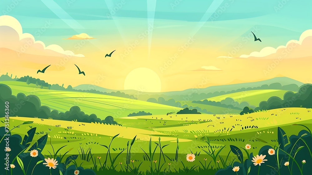 Naklejka premium illustration of beautiful summer field landscape with dawn, green hills, bright color blue sky, country background in flat cartoon style banner. Generative Ai