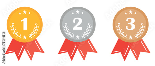 Gold, silver and bronze medals for winners in sport competitions, Olympic games. Champions awards, prize, medal with ribbon for first, second and third place in competitions. Reward, appreciation set.