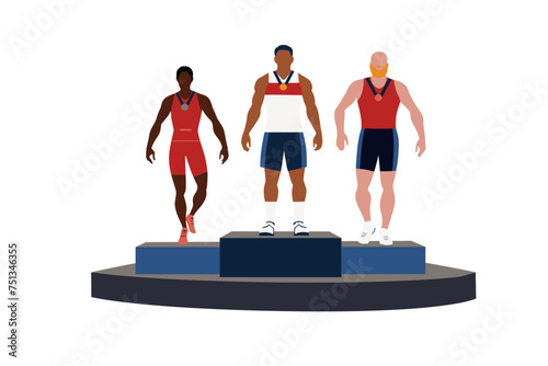 Three multiethnic athletes, non binary african, latin and caucasian, with their medals on the olympic podium photo