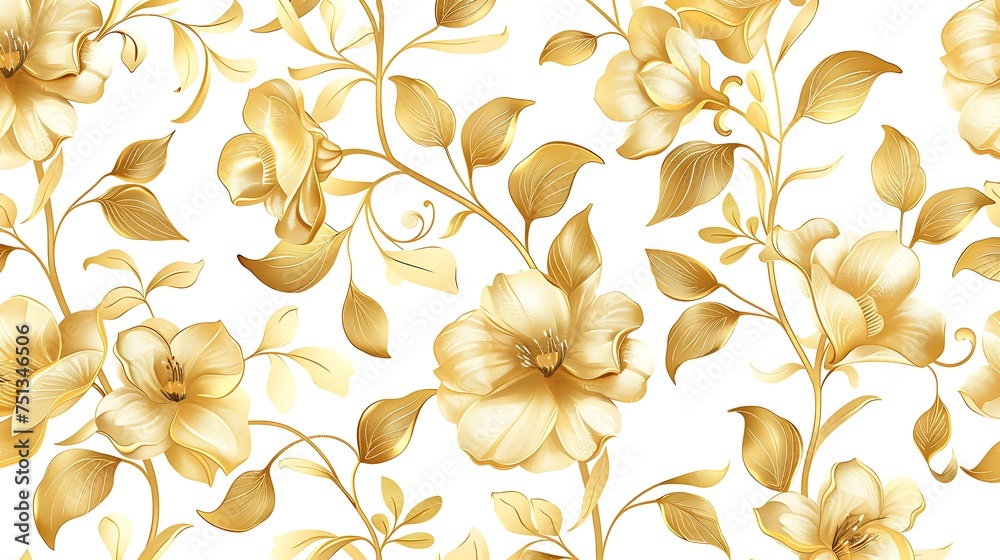 Seamless pattern with gold floral ornament on white background for Fashionable modern wallpaper or textile, book covers, Digital interfaces, print designs templates materials paper. Generative Ai
