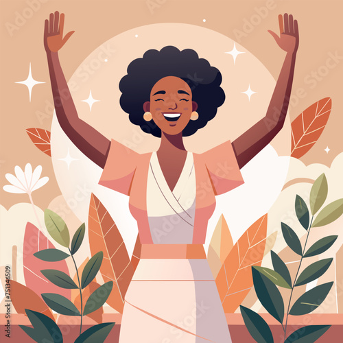 African American woman in a pleasant activity, eyeless, beige, pink, woman is wearing a print outfit, recovery theme, joyous, sober women, drawing