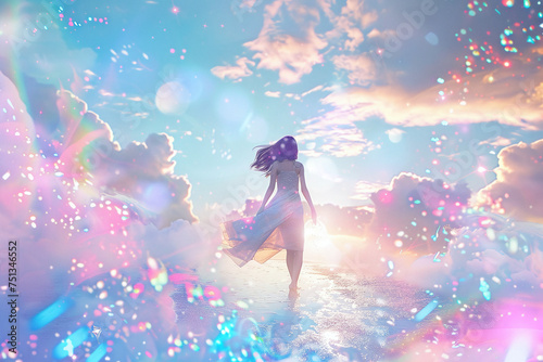 Woman Walking on Water Towards the Light, Ethereal Dream World with Colorful Particles and Heavenly Clouds © Qmini