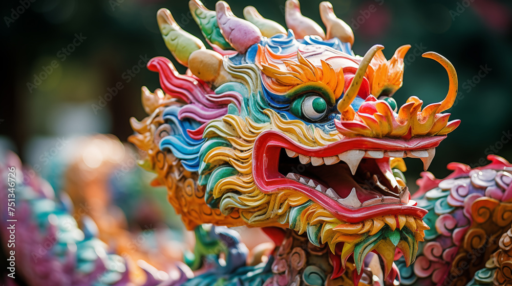 Colorful dragon statue in chinese temple, closeup of photo generativa IA