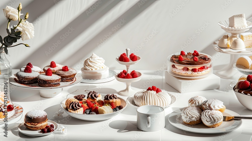 an assortment of delectable desserts beautifully arranged on a modern white table indoors. an assortment of delectable desserts beautifully arranged on a modern white table indoors.
